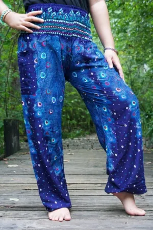 Unisex Bohemian Peacock Feather Motif Harem Pants- Blue