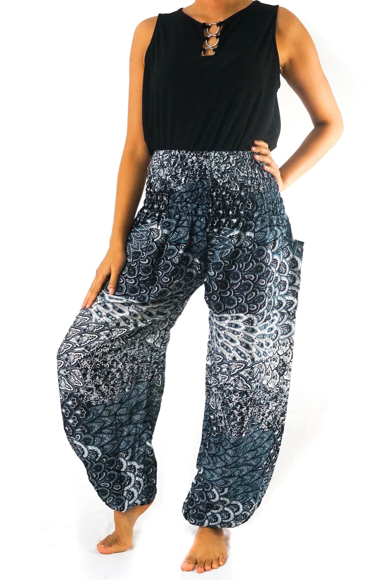 Unisex Bohemian Peacock Feather Print Harem Pants- Navy