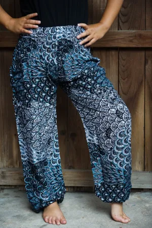 Unisex Bohemian Peacock Feather Print Harem Pants- Navy