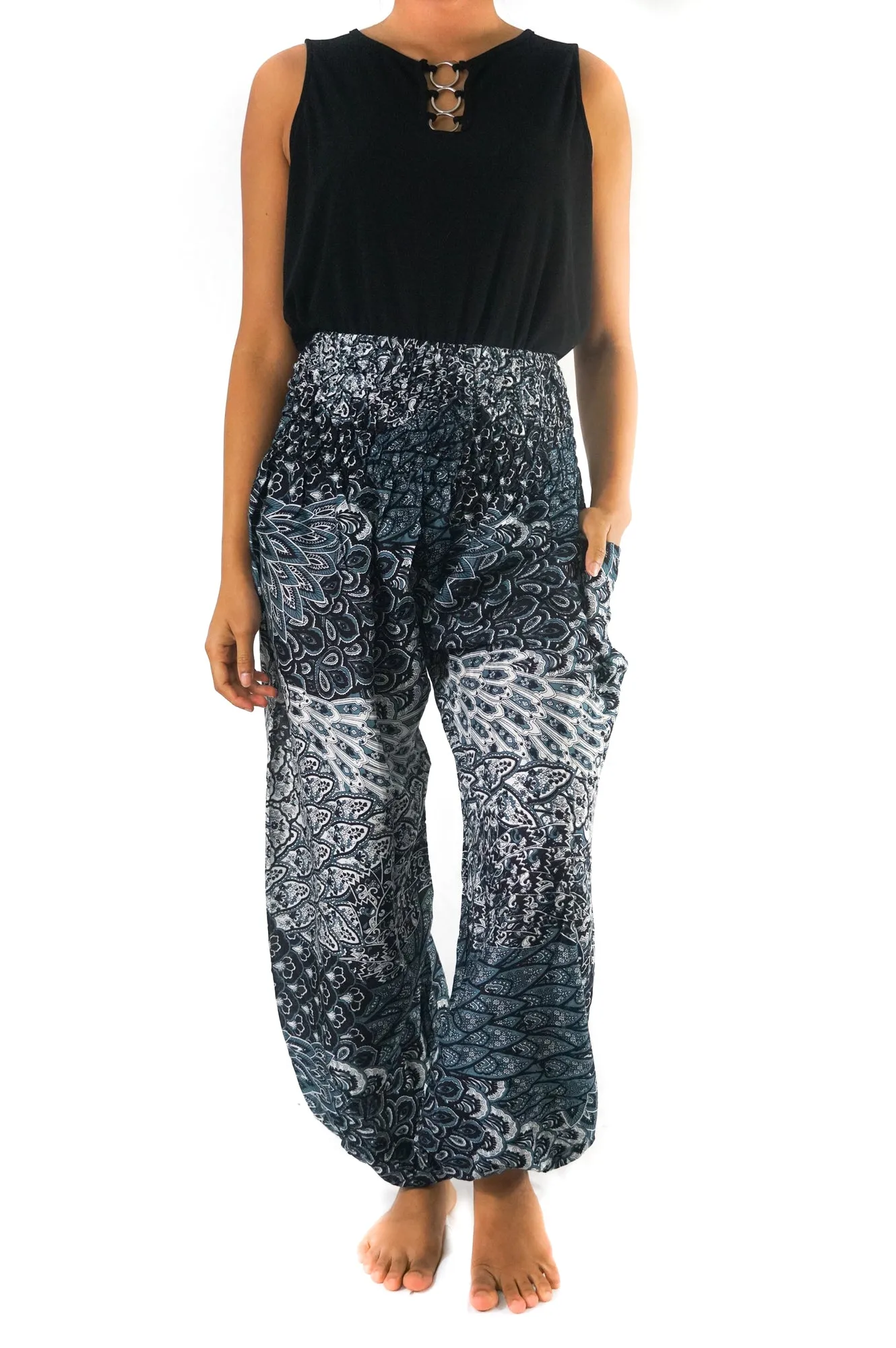 Unisex Bohemian Peacock Feather Print Harem Pants- Navy