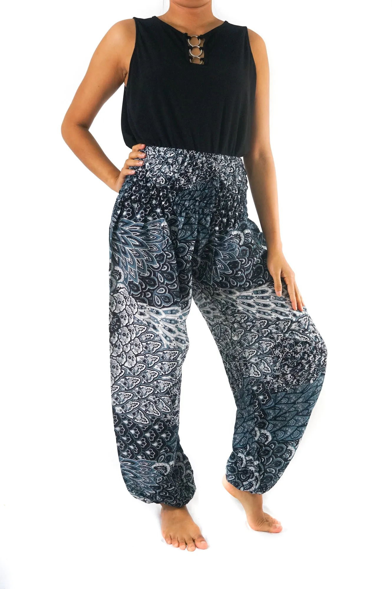 Unisex Bohemian Peacock Feather Print Harem Pants- Navy