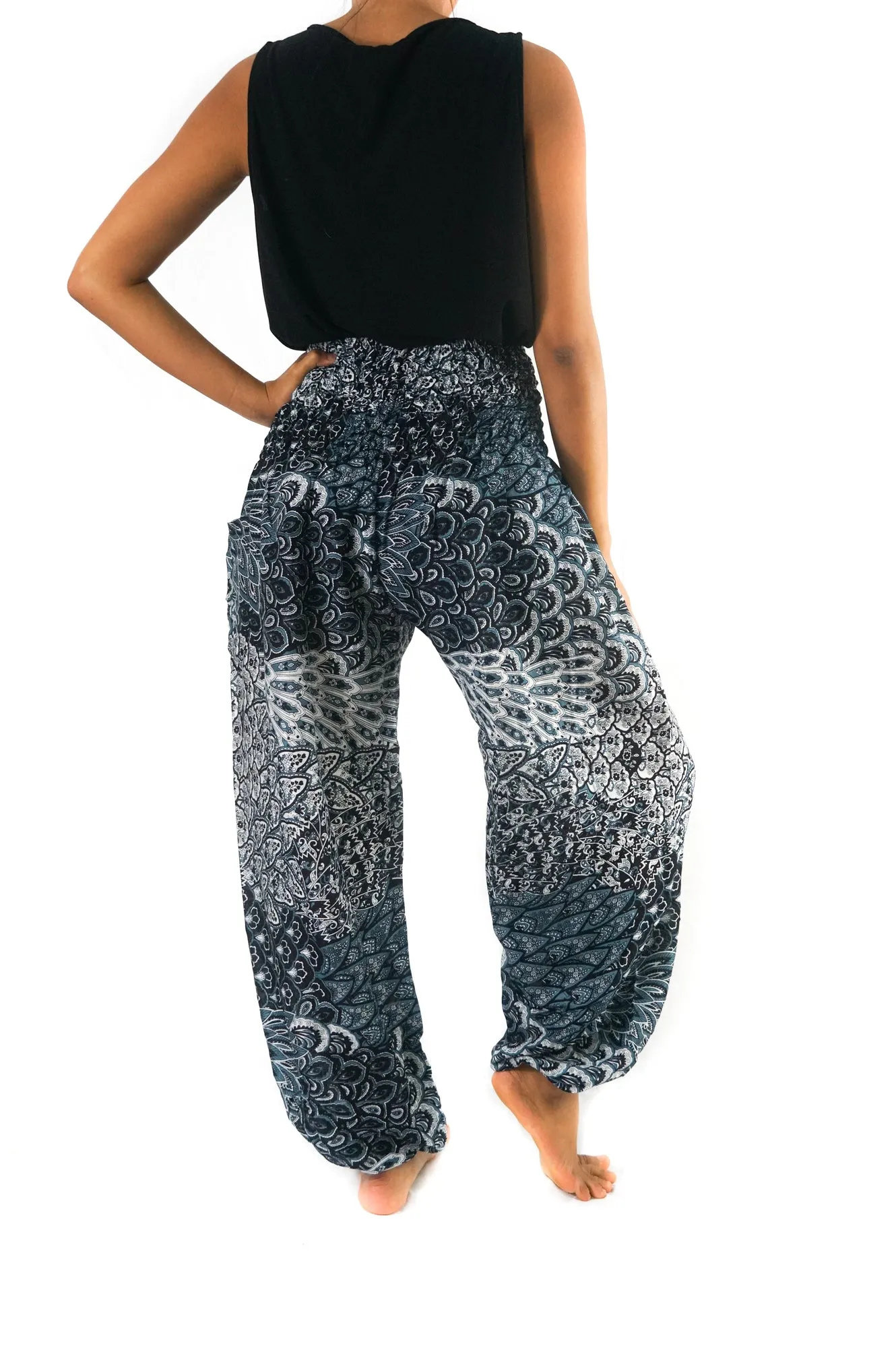 Unisex Bohemian Peacock Feather Print Harem Pants- Navy