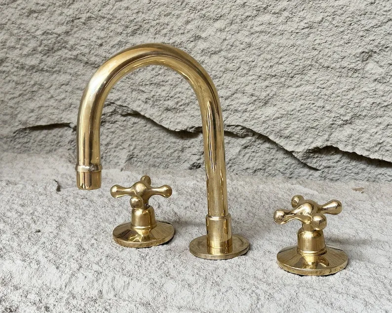 Unlacquered Brass Widespread Bathroom Faucet with Cross Handles