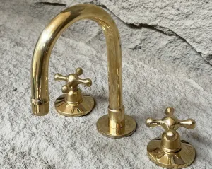 Unlacquered Brass Widespread Bathroom Faucet with Cross Handles