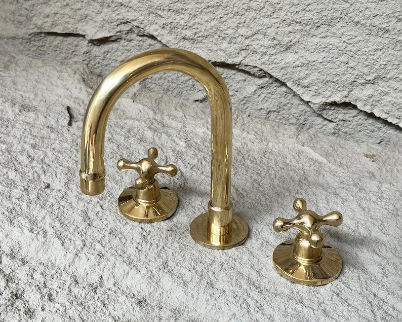 Unlacquered Brass Widespread Bathroom Faucet with Cross Handles