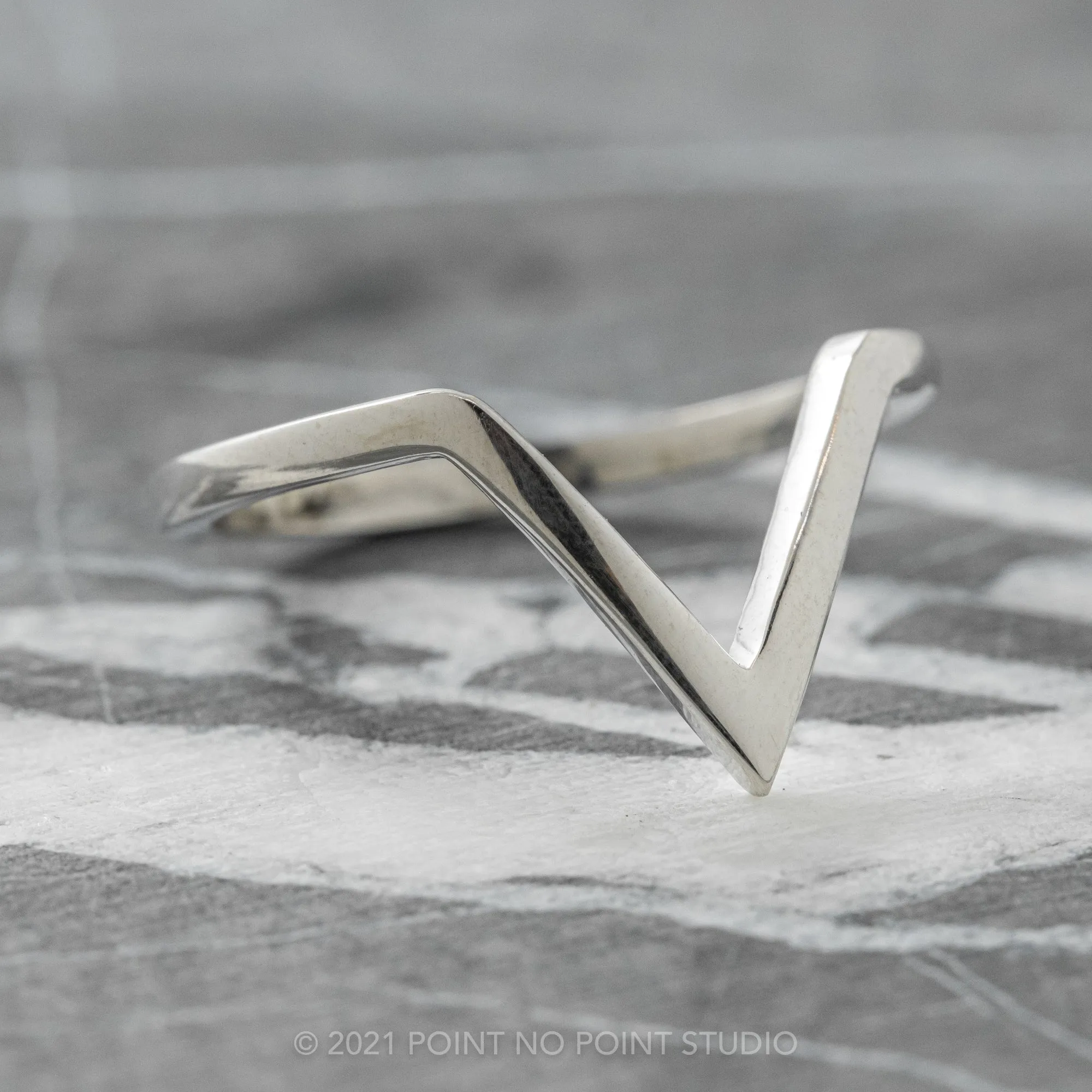 V Shaped Wedding Band, Victoria Setting, 14K White Gold
