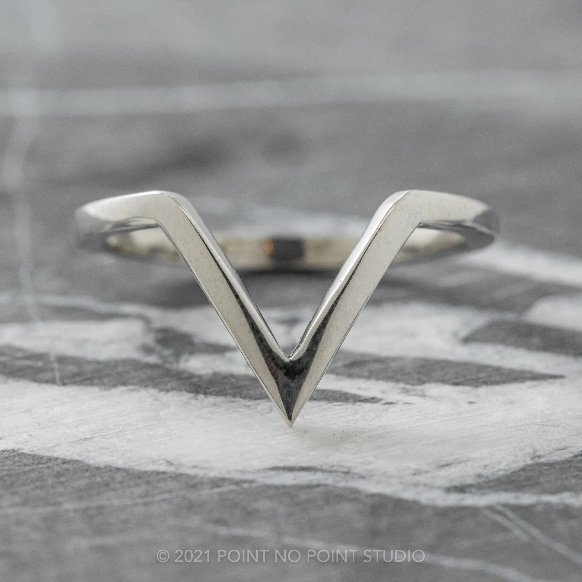 V Shaped Wedding Band, Victoria Setting, 14K White Gold