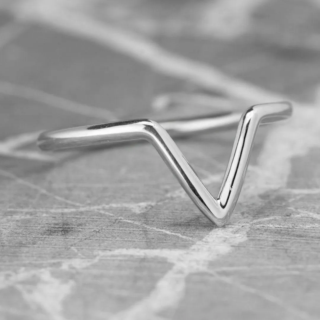 V Shaped Wedding Band, Victoria Setting, 14K White Gold