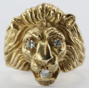 Vintage 14K Gold & Diamond Chunky Figural Lions Head Ring .31 CTW