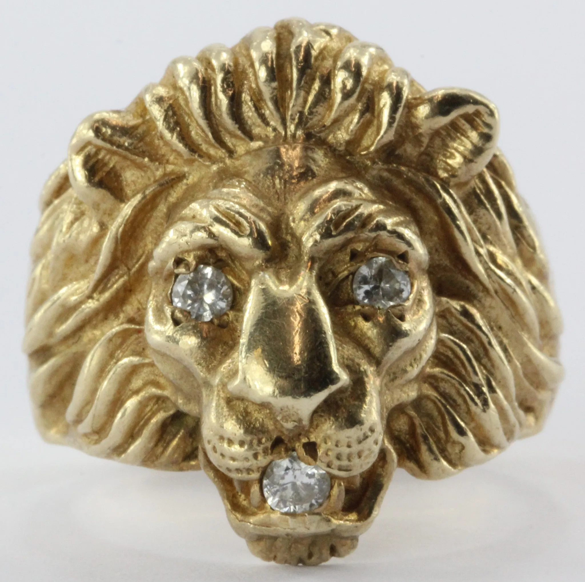 Vintage 14K Gold & Diamond Chunky Figural Lions Head Ring .31 CTW