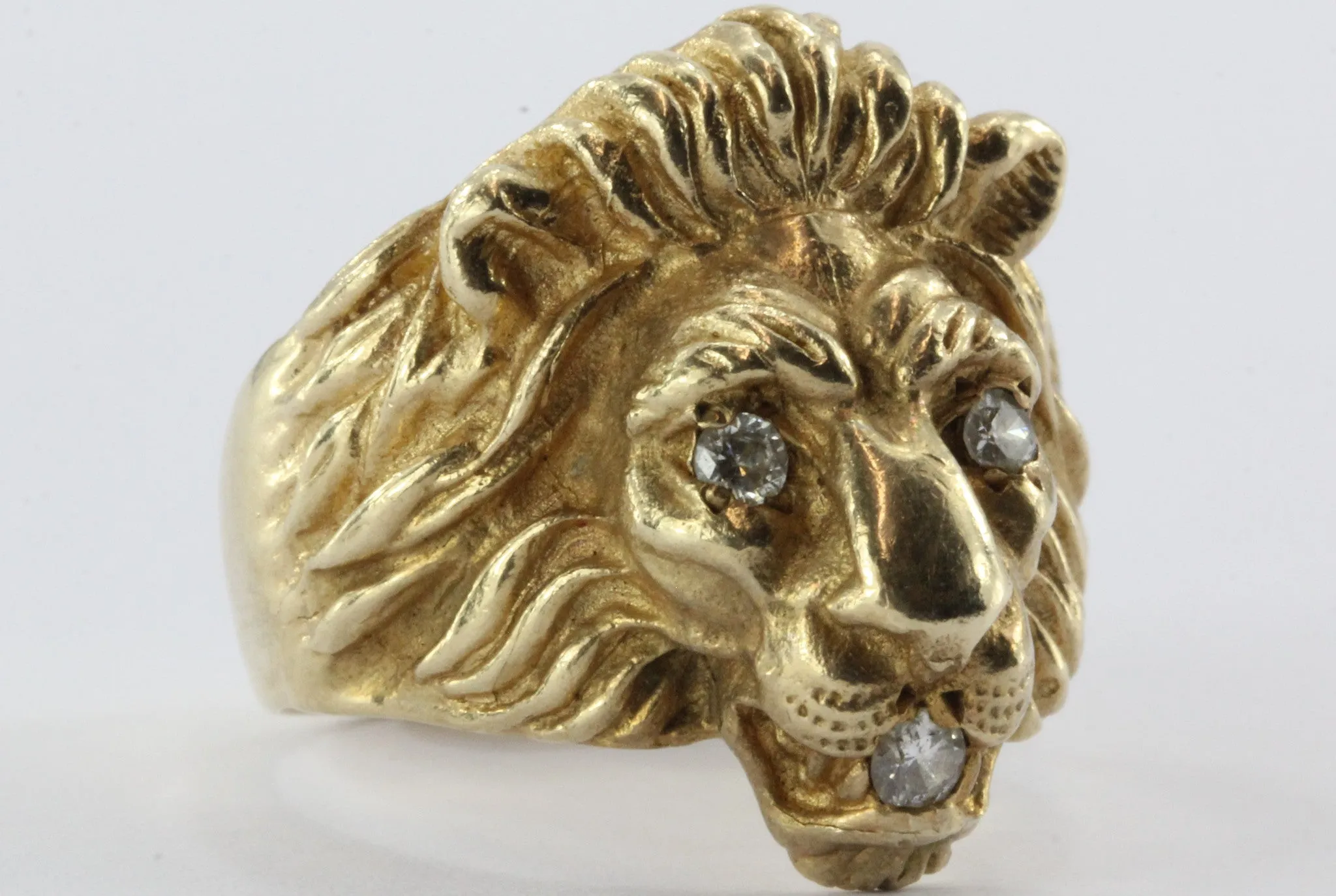 Vintage 14K Gold & Diamond Chunky Figural Lions Head Ring .31 CTW