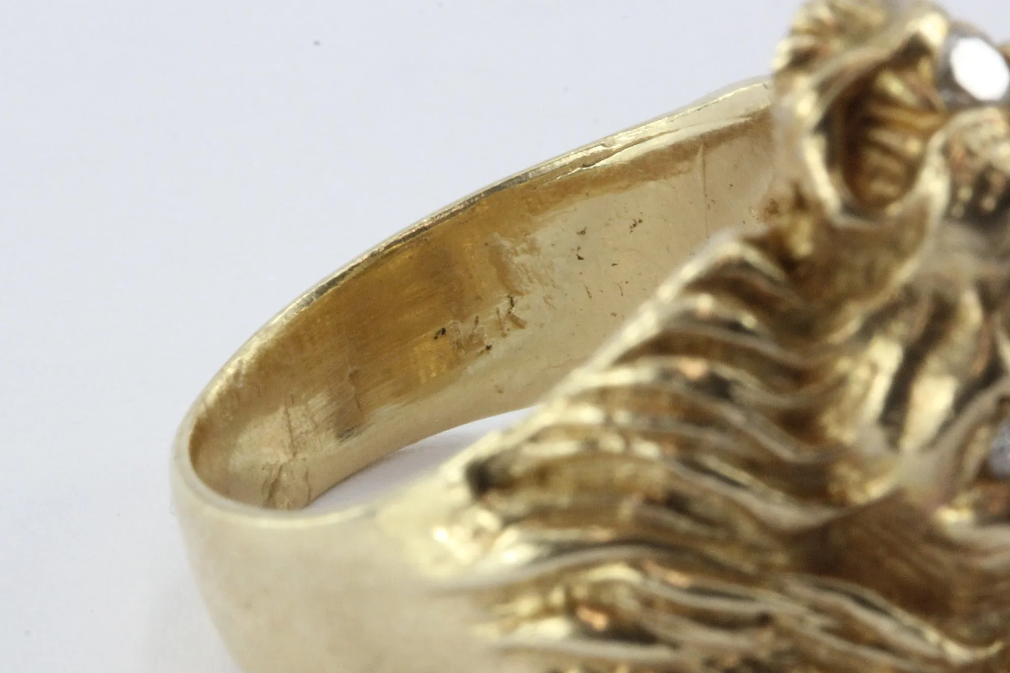 Vintage 14K Gold & Diamond Chunky Figural Lions Head Ring .31 CTW