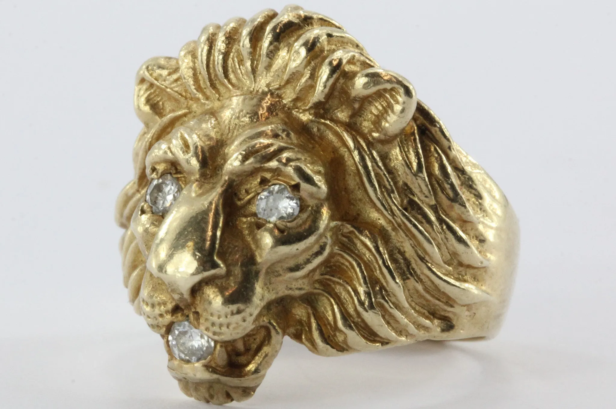 Vintage 14K Gold & Diamond Chunky Figural Lions Head Ring .31 CTW