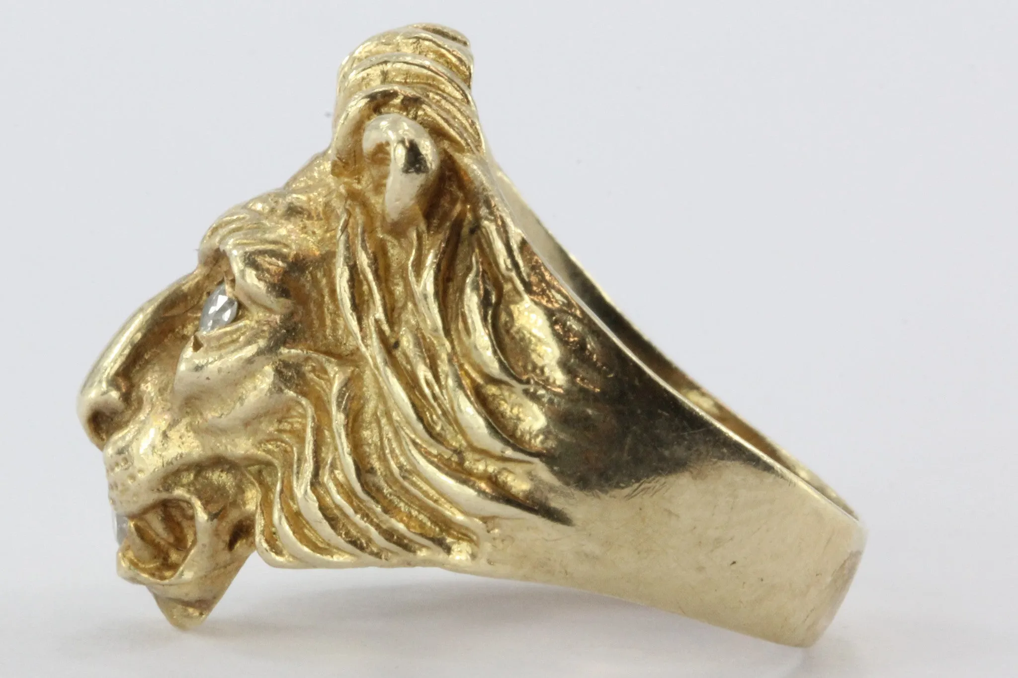 Vintage 14K Gold & Diamond Chunky Figural Lions Head Ring .31 CTW