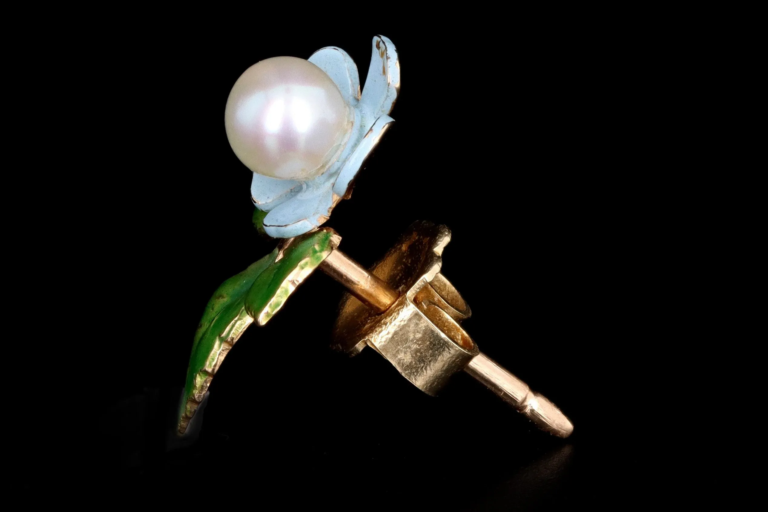 Vintage 14K Yellow Gold Enamel & Cultured Pearl Flower Stud Earrings