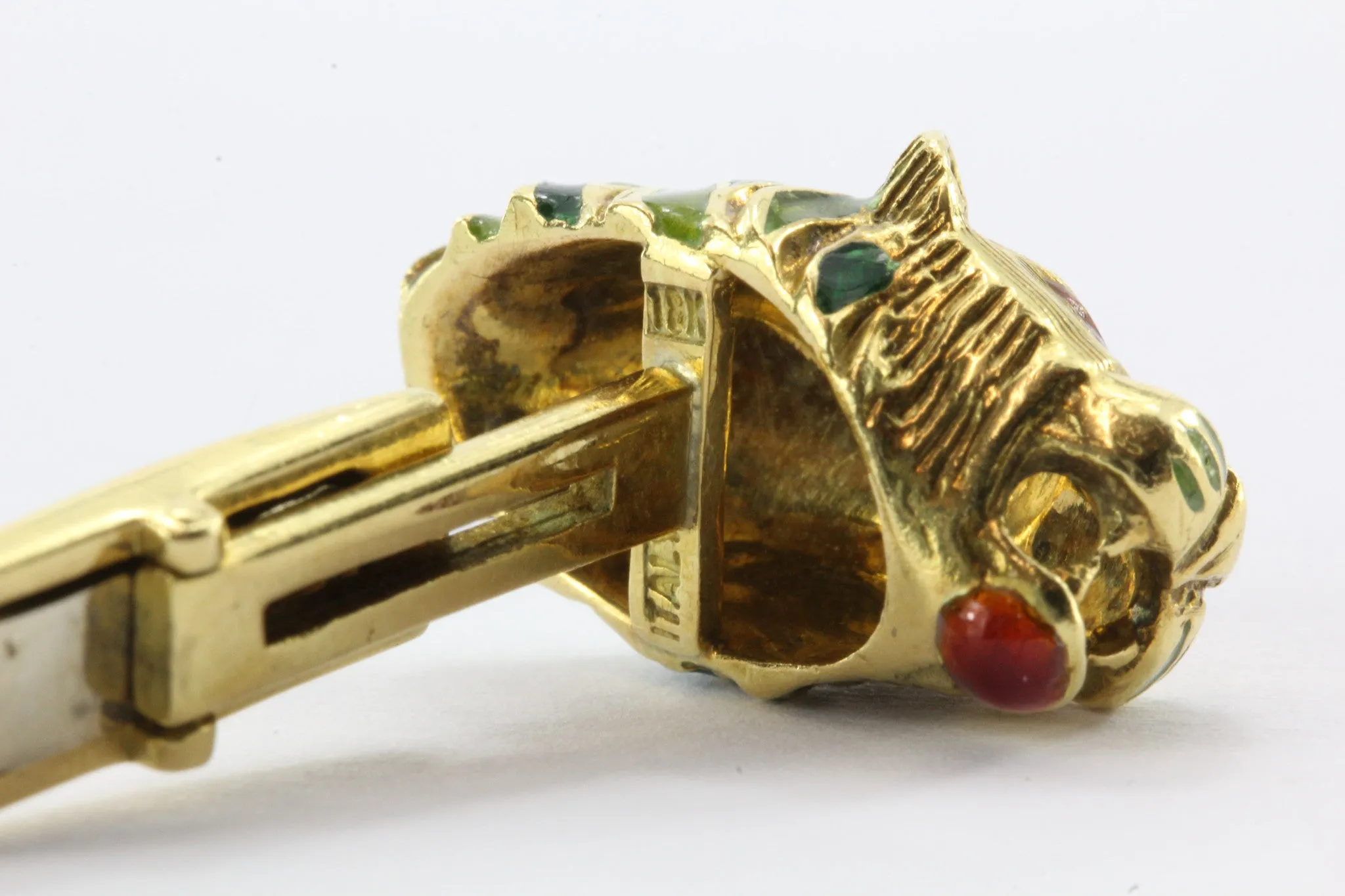 Vintage 18K Gold Enamel & Diamond Lion Head Cufflinks