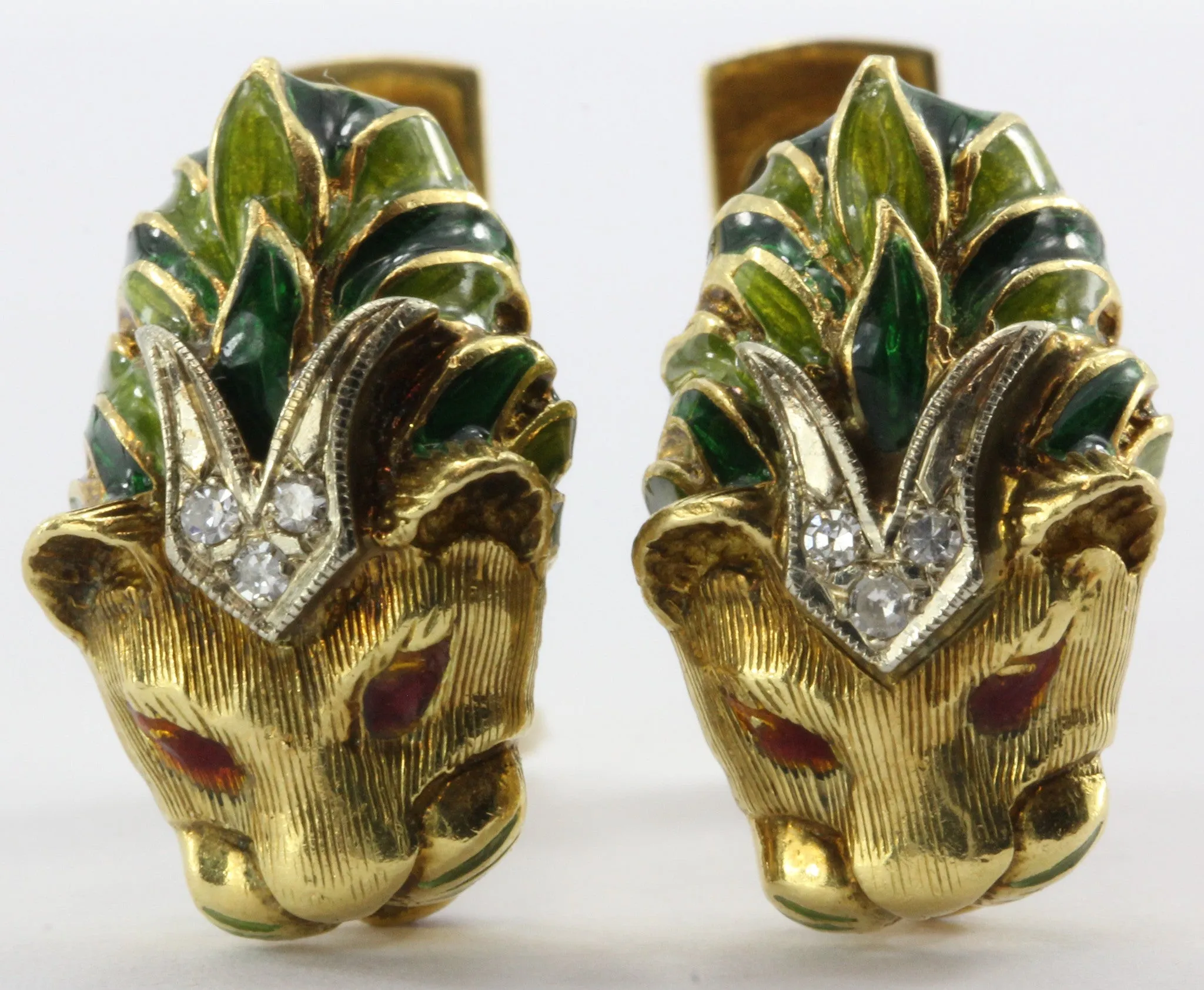 Vintage 18K Gold Enamel & Diamond Lion Head Cufflinks