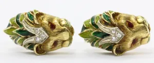 Vintage 18K Gold Enamel & Diamond Lion Head Cufflinks