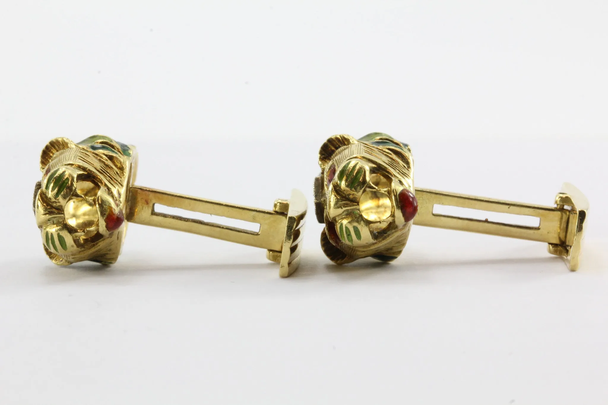 Vintage 18K Gold Enamel & Diamond Lion Head Cufflinks