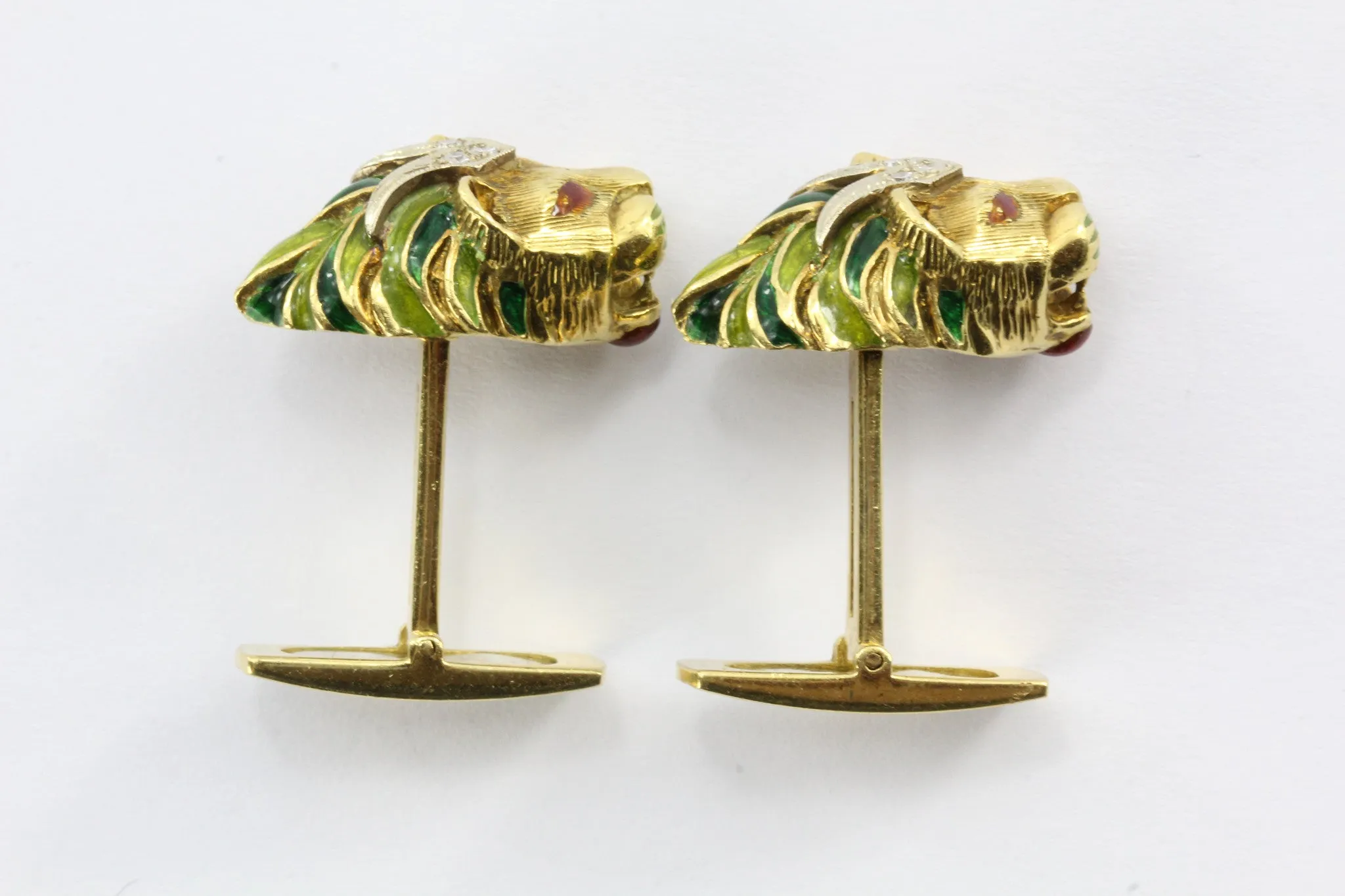 Vintage 18K Gold Enamel & Diamond Lion Head Cufflinks