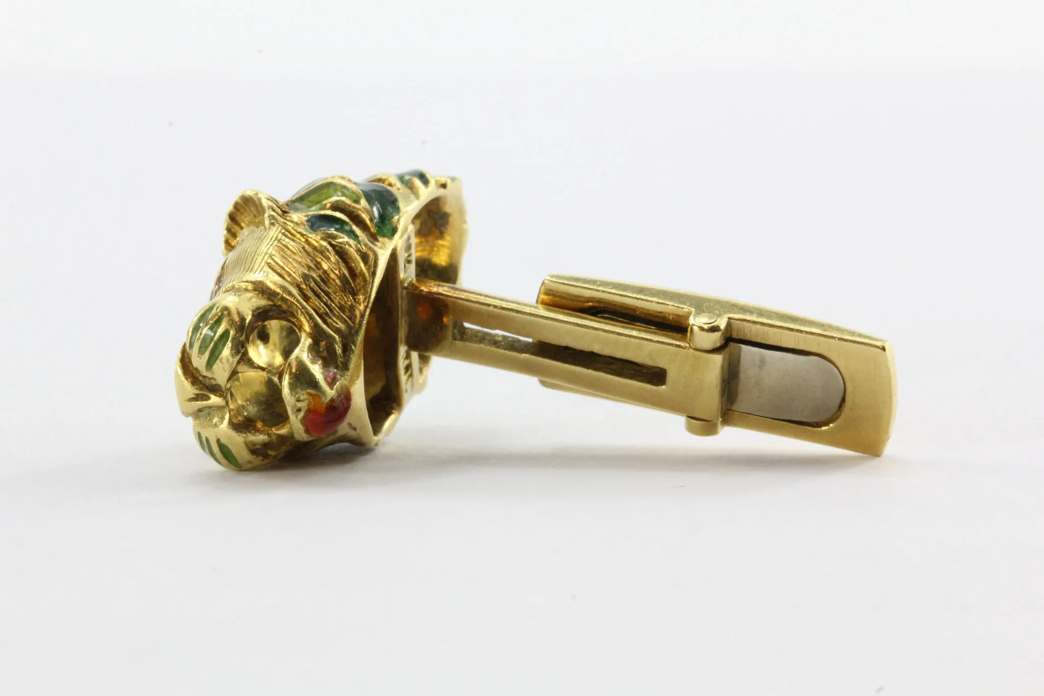 Vintage 18K Gold Enamel & Diamond Lion Head Cufflinks