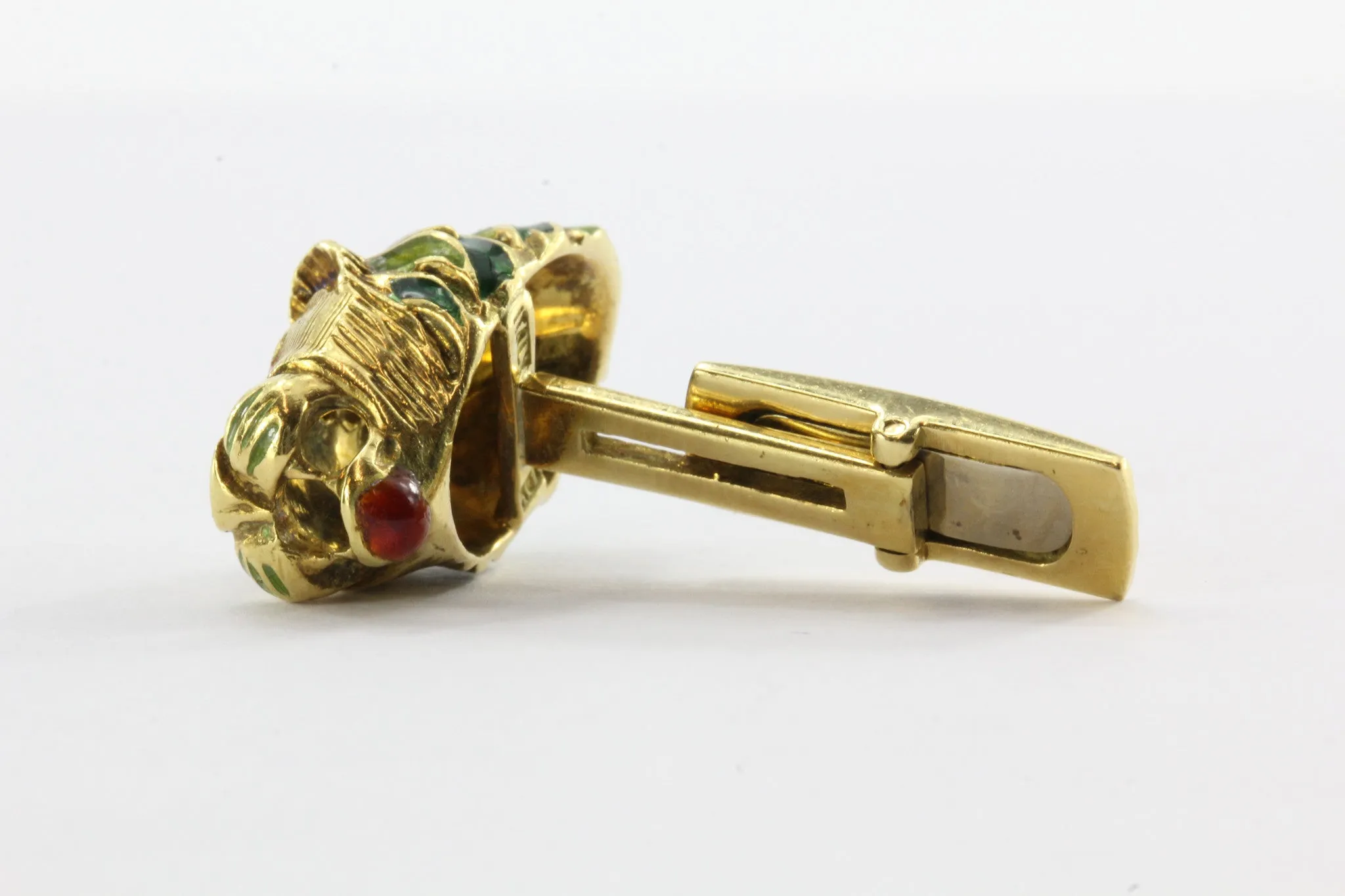 Vintage 18K Gold Enamel & Diamond Lion Head Cufflinks