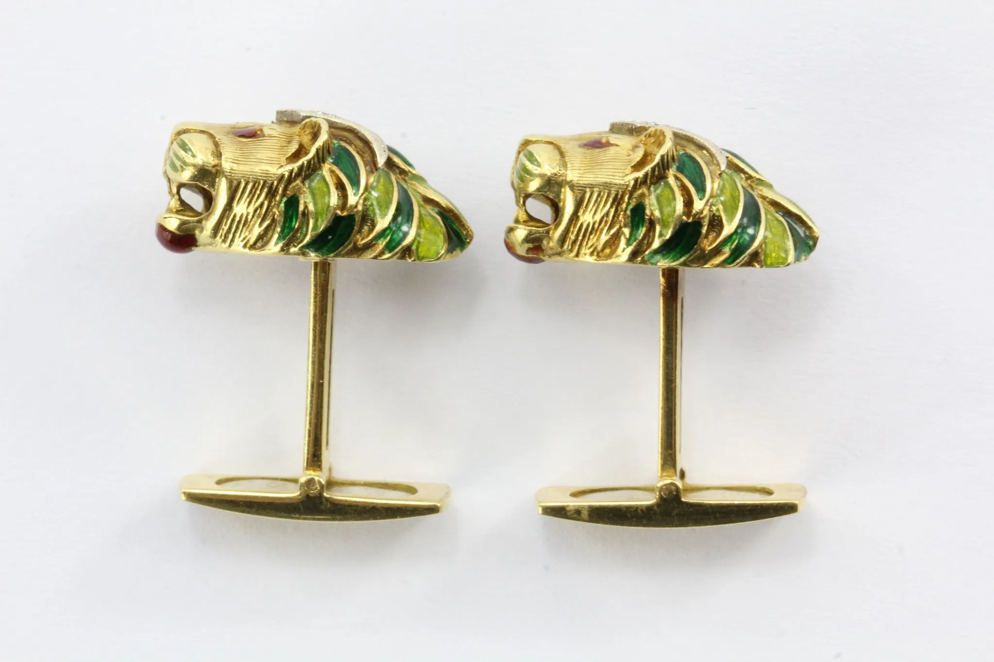 Vintage 18K Gold Enamel & Diamond Lion Head Cufflinks