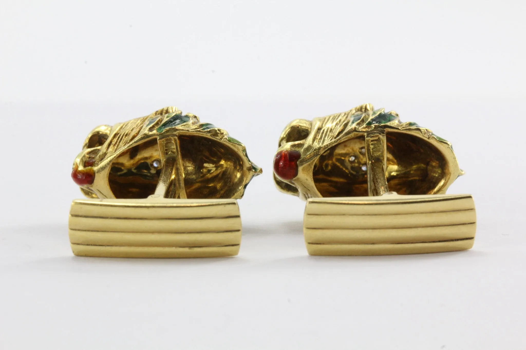 Vintage 18K Gold Enamel & Diamond Lion Head Cufflinks