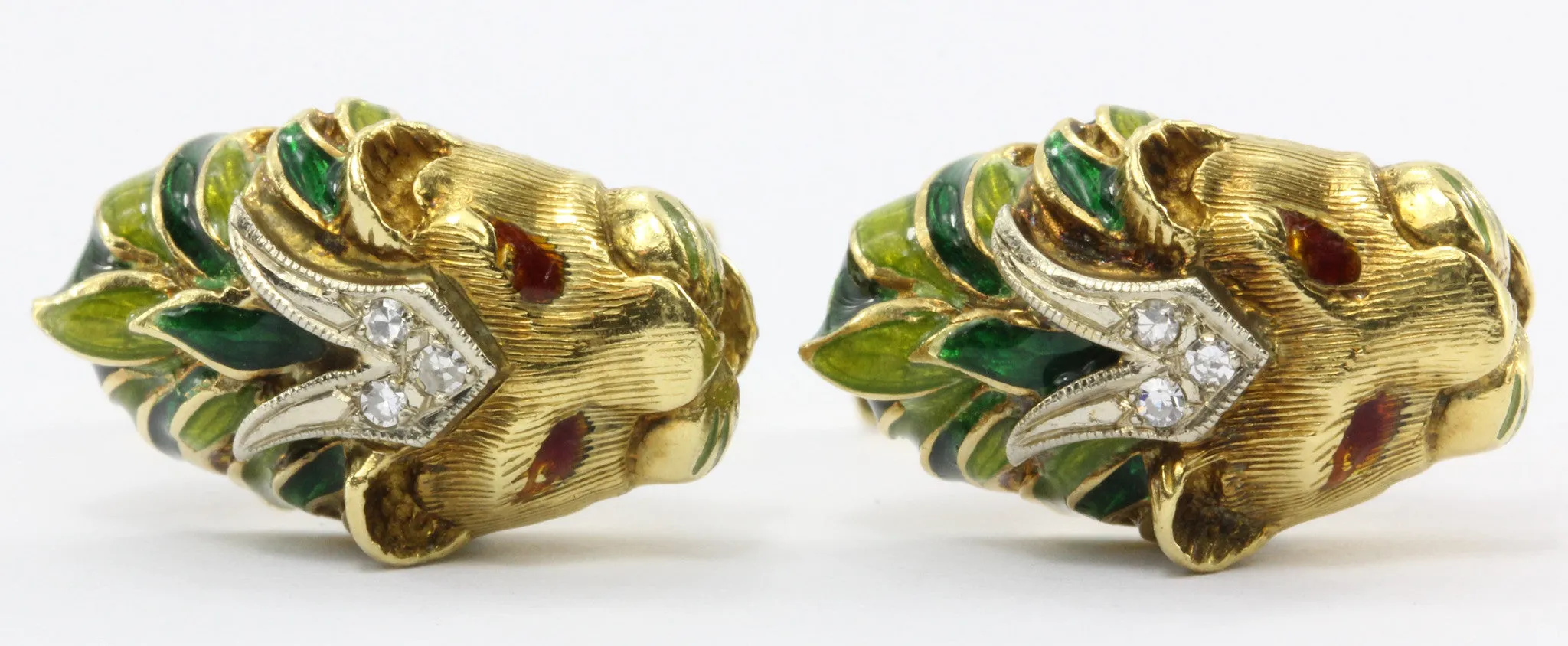 Vintage 18K Gold Enamel & Diamond Lion Head Cufflinks
