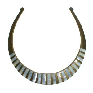 Vintage 1970s Made in India Boho Chic Brass Collar Necklace with Mother of Pearl Inlay