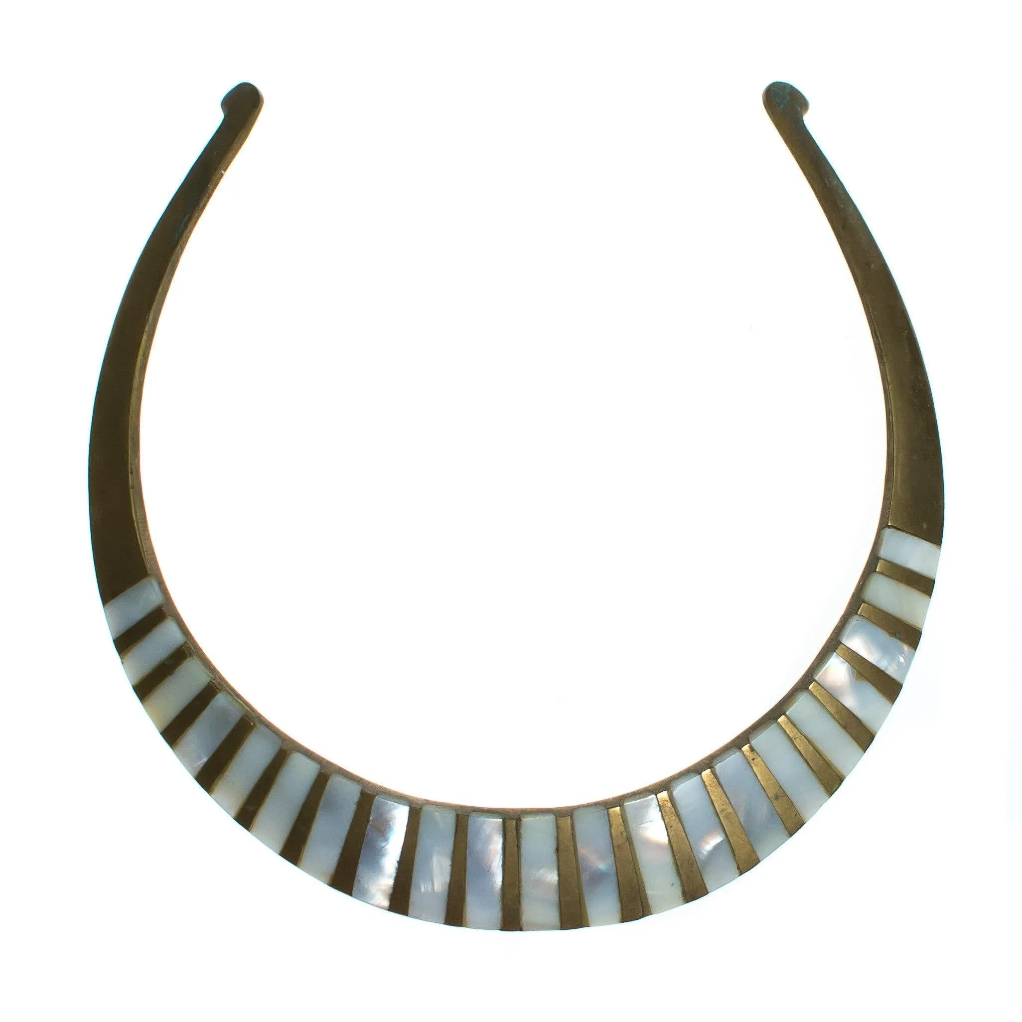 Vintage 1970s Made in India Boho Chic Brass Collar Necklace with Mother of Pearl Inlay