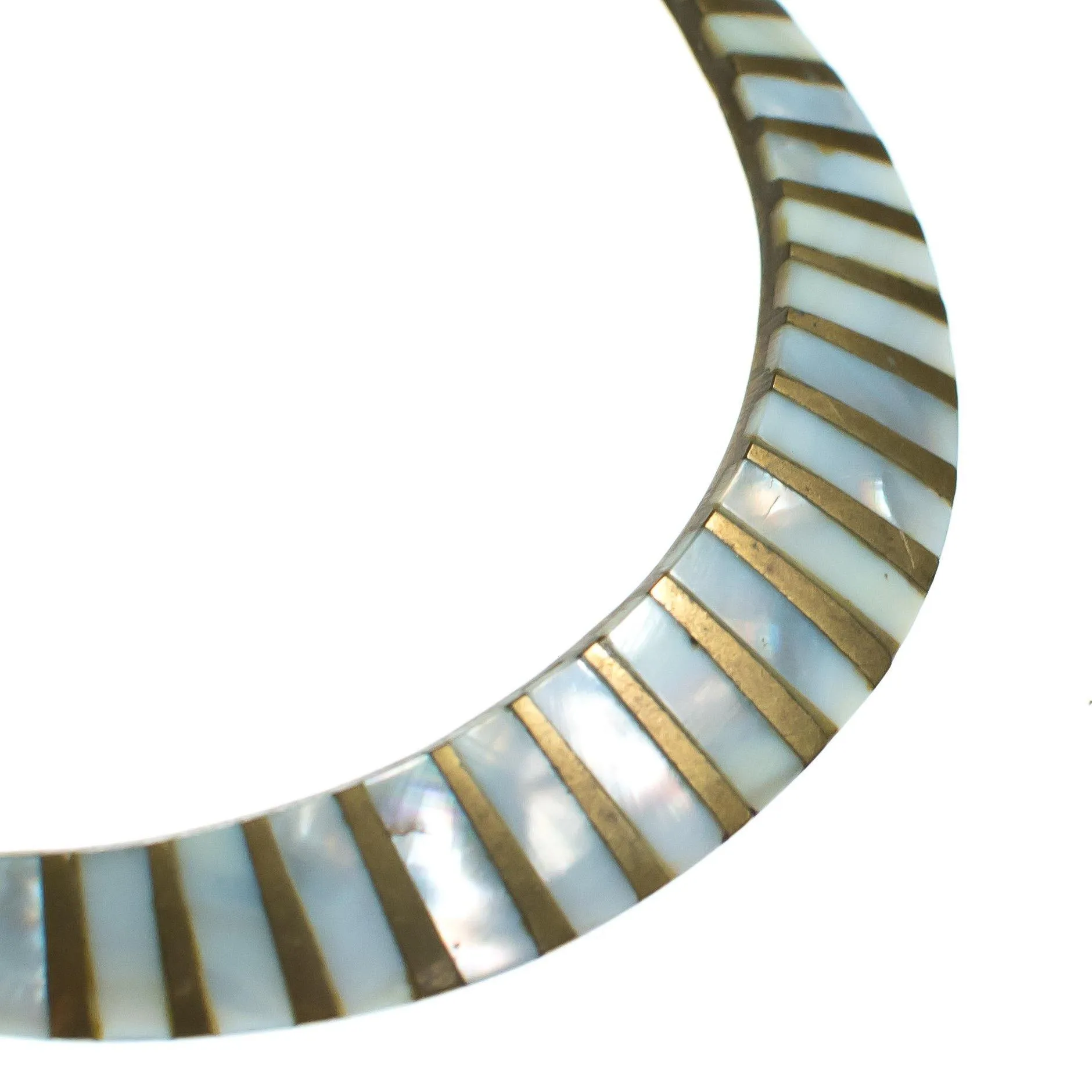 Vintage 1970s Made in India Boho Chic Brass Collar Necklace with Mother of Pearl Inlay
