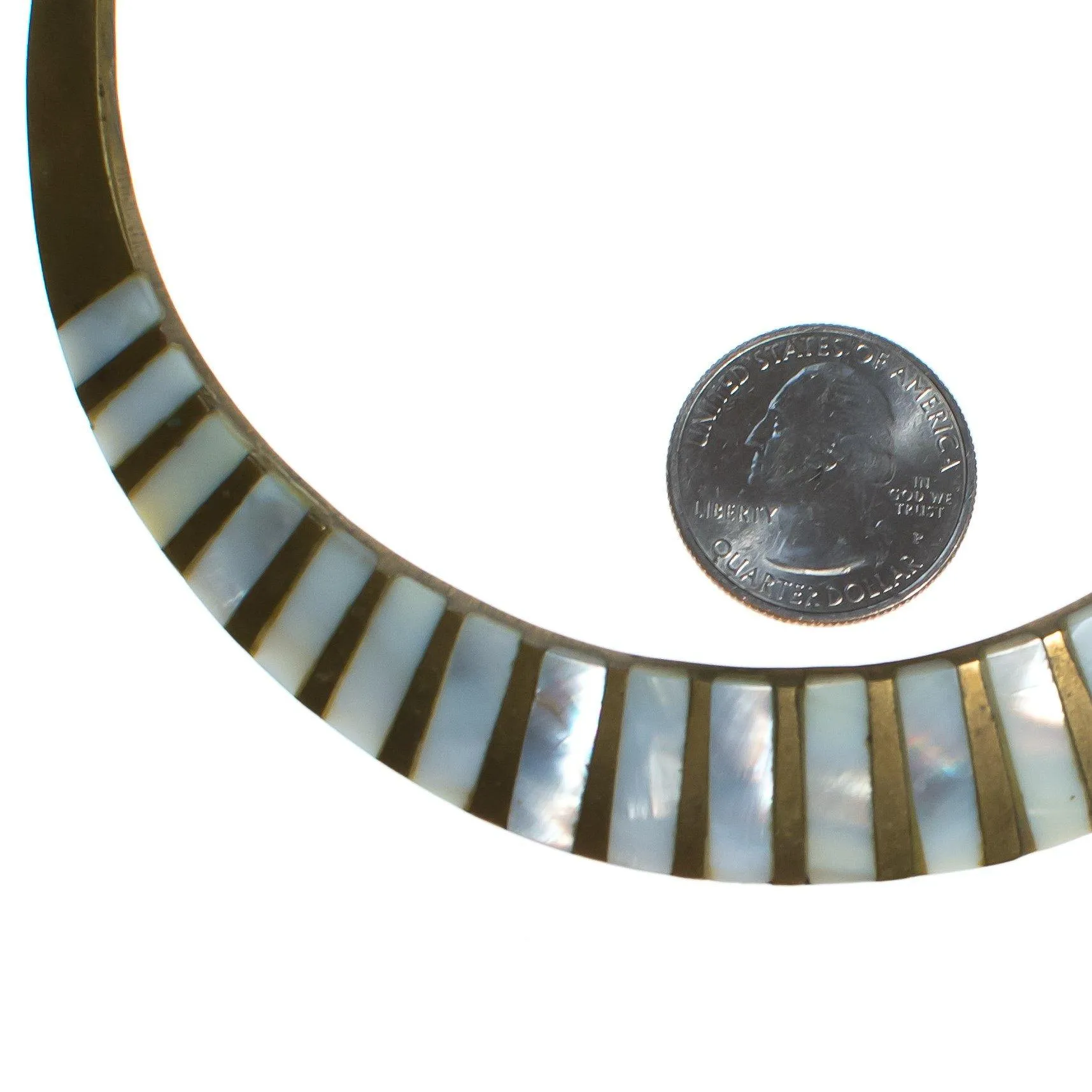 Vintage 1970s Made in India Boho Chic Brass Collar Necklace with Mother of Pearl Inlay