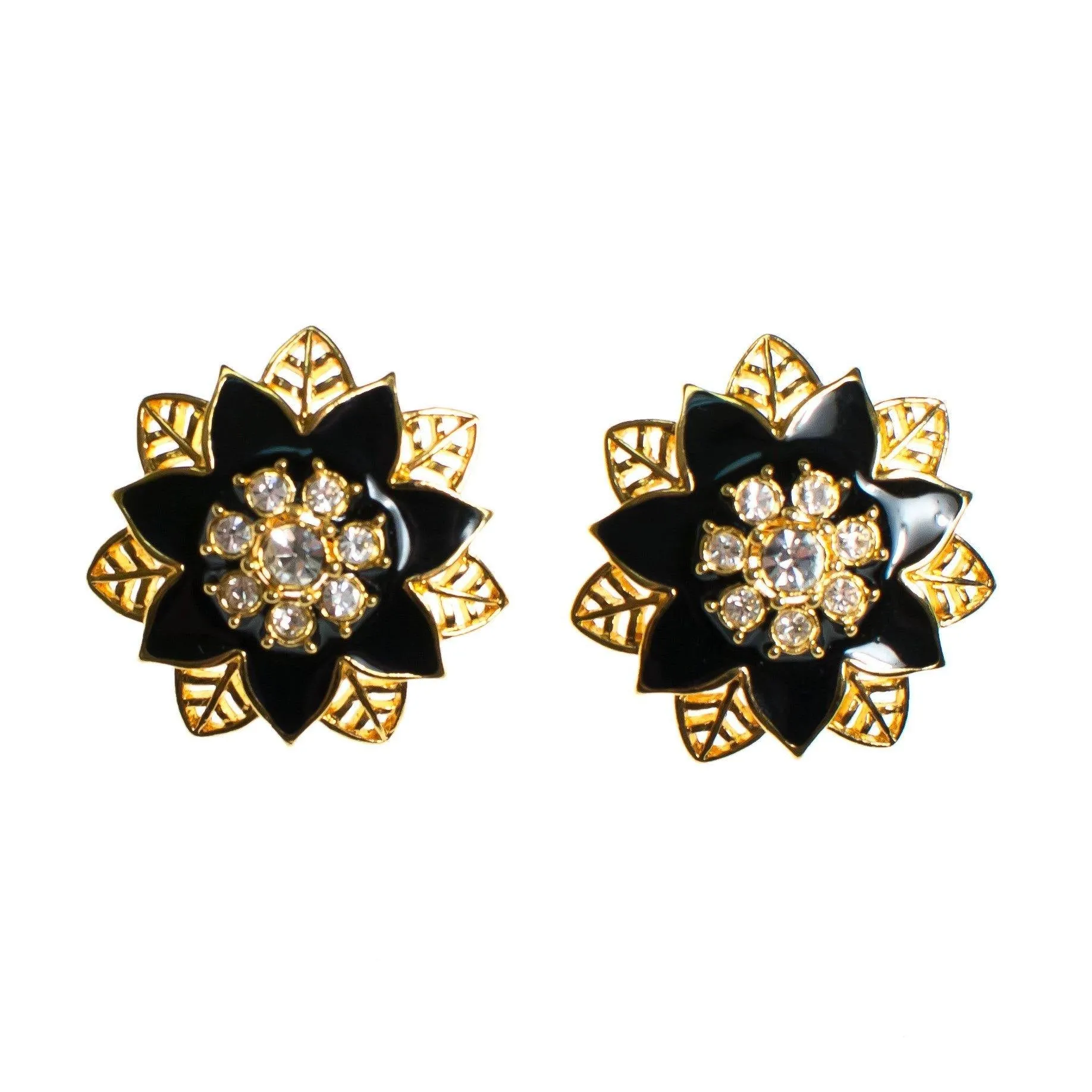 Vintage 1980s Black Enamel and Crystal Flower Gold Statement Earrings