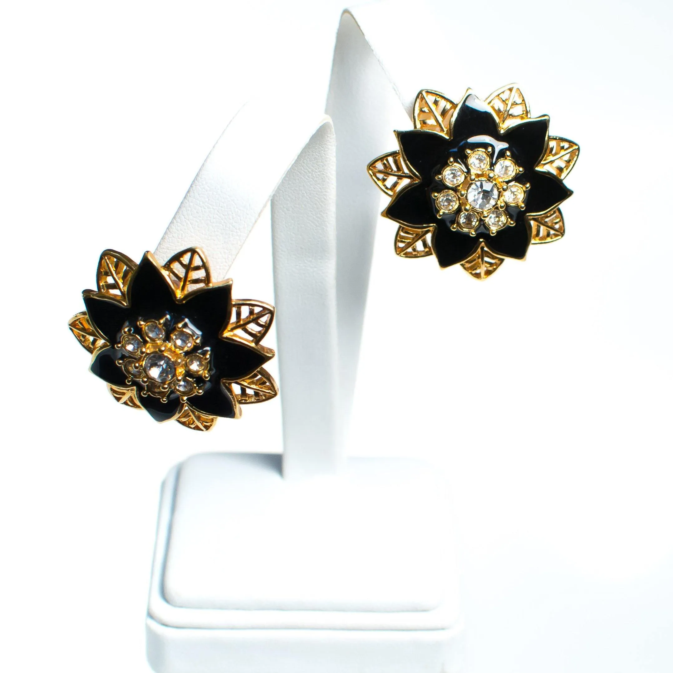Vintage 1980s Black Enamel and Crystal Flower Gold Statement Earrings