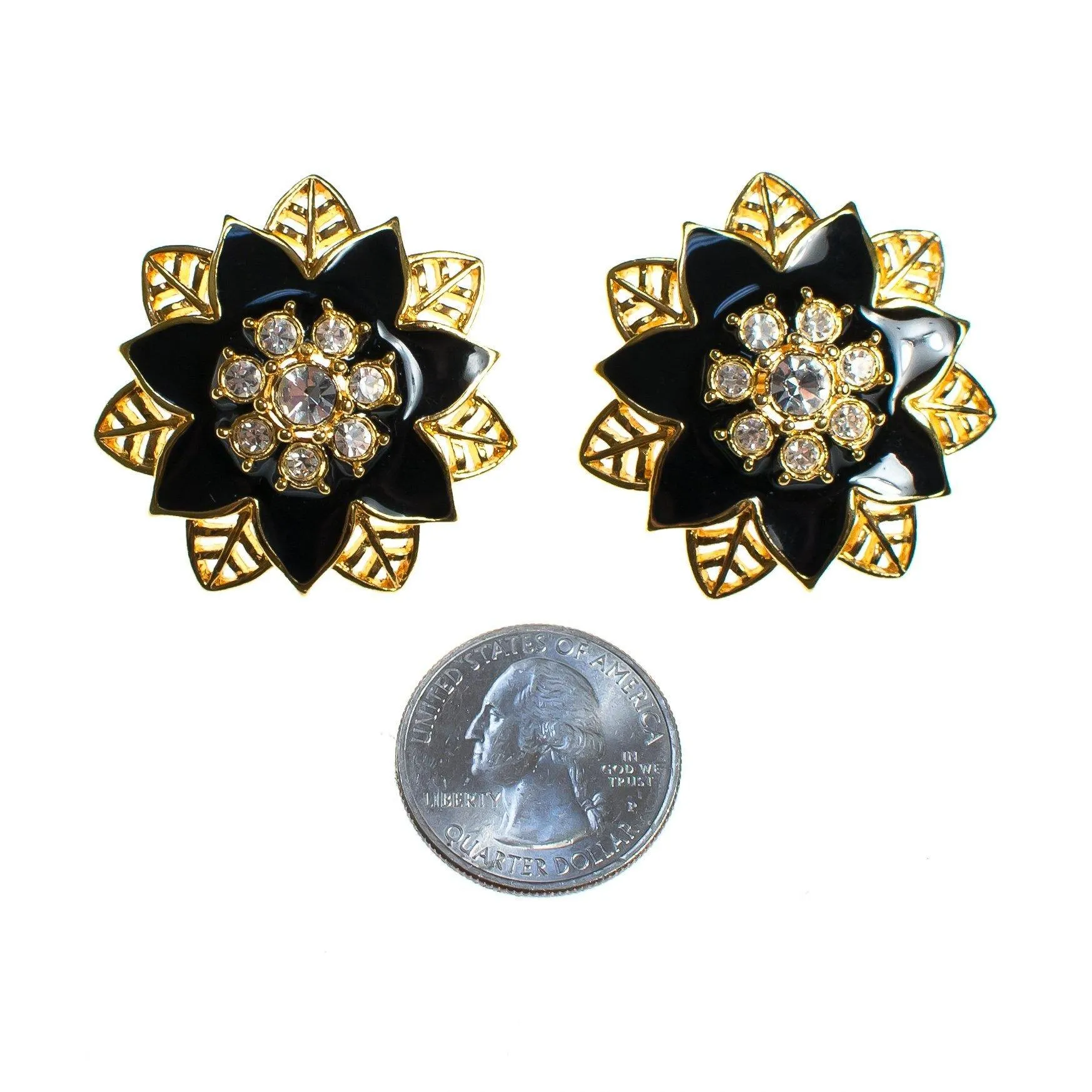 Vintage 1980s Black Enamel and Crystal Flower Gold Statement Earrings