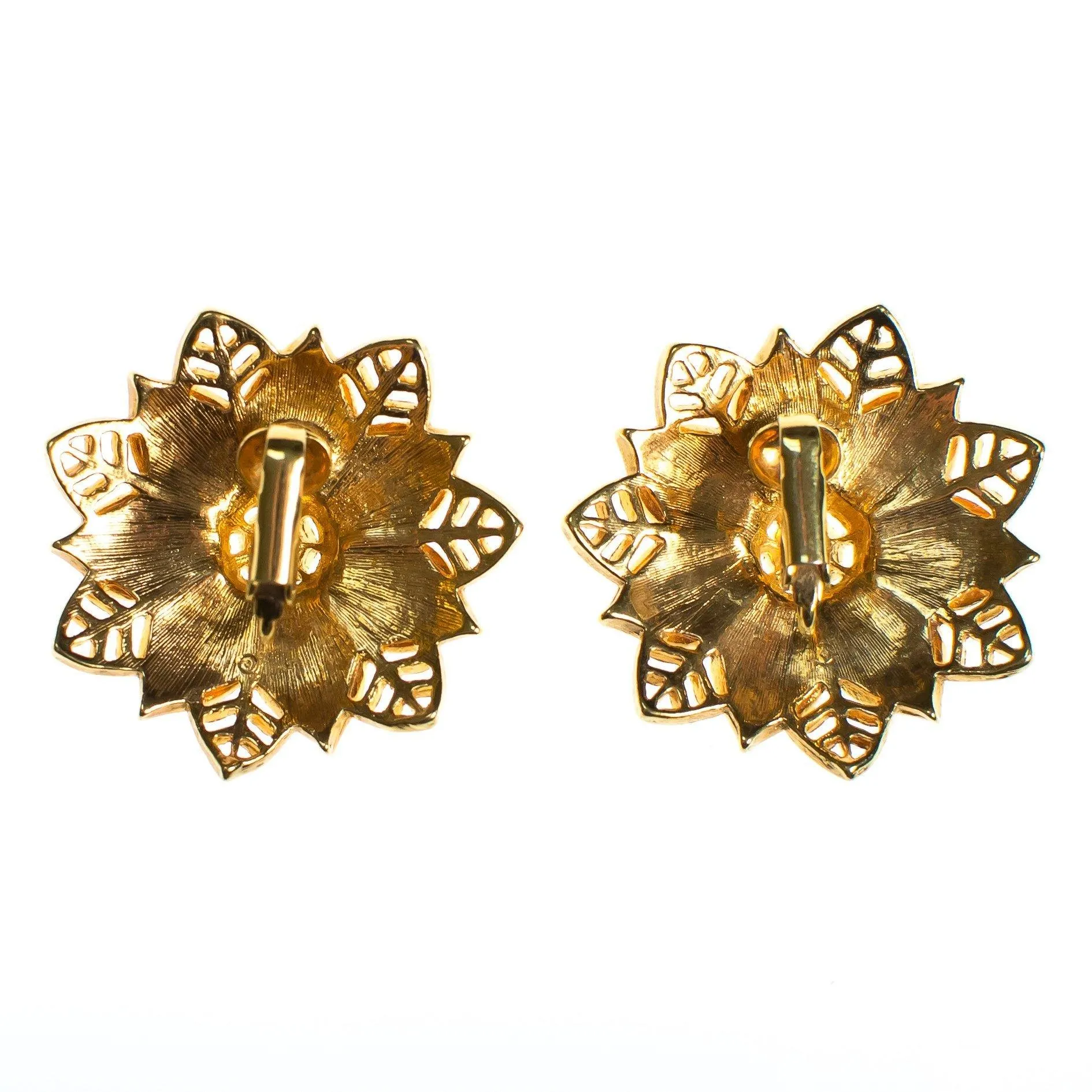 Vintage 1980s Black Enamel and Crystal Flower Gold Statement Earrings