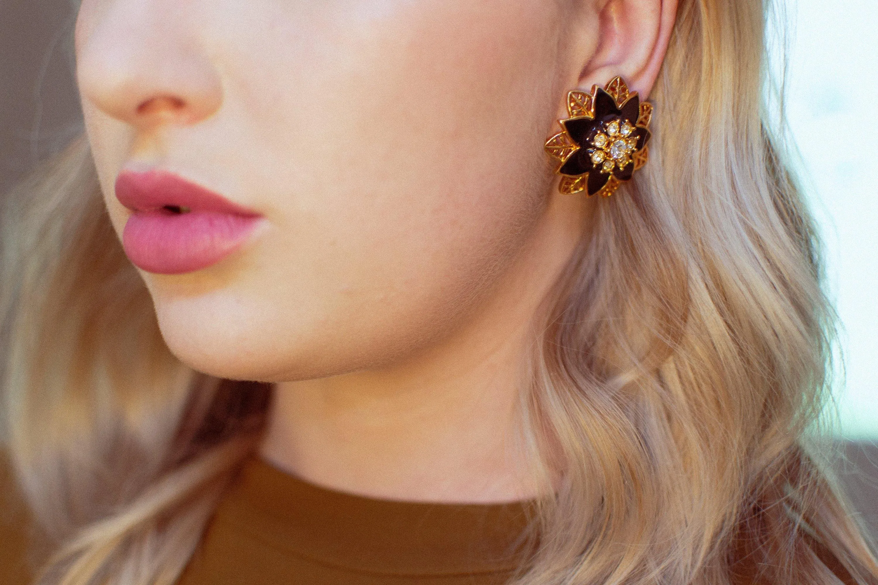 Vintage 1980s Black Enamel and Crystal Flower Gold Statement Earrings