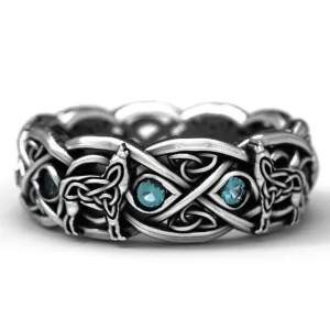 Vintage Aquamarine Gemstone Wolf Eyes Ring Women Party Jewelry