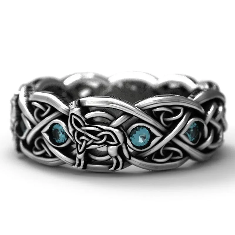 Vintage Aquamarine Gemstone Wolf Eyes Ring Women Party Jewelry