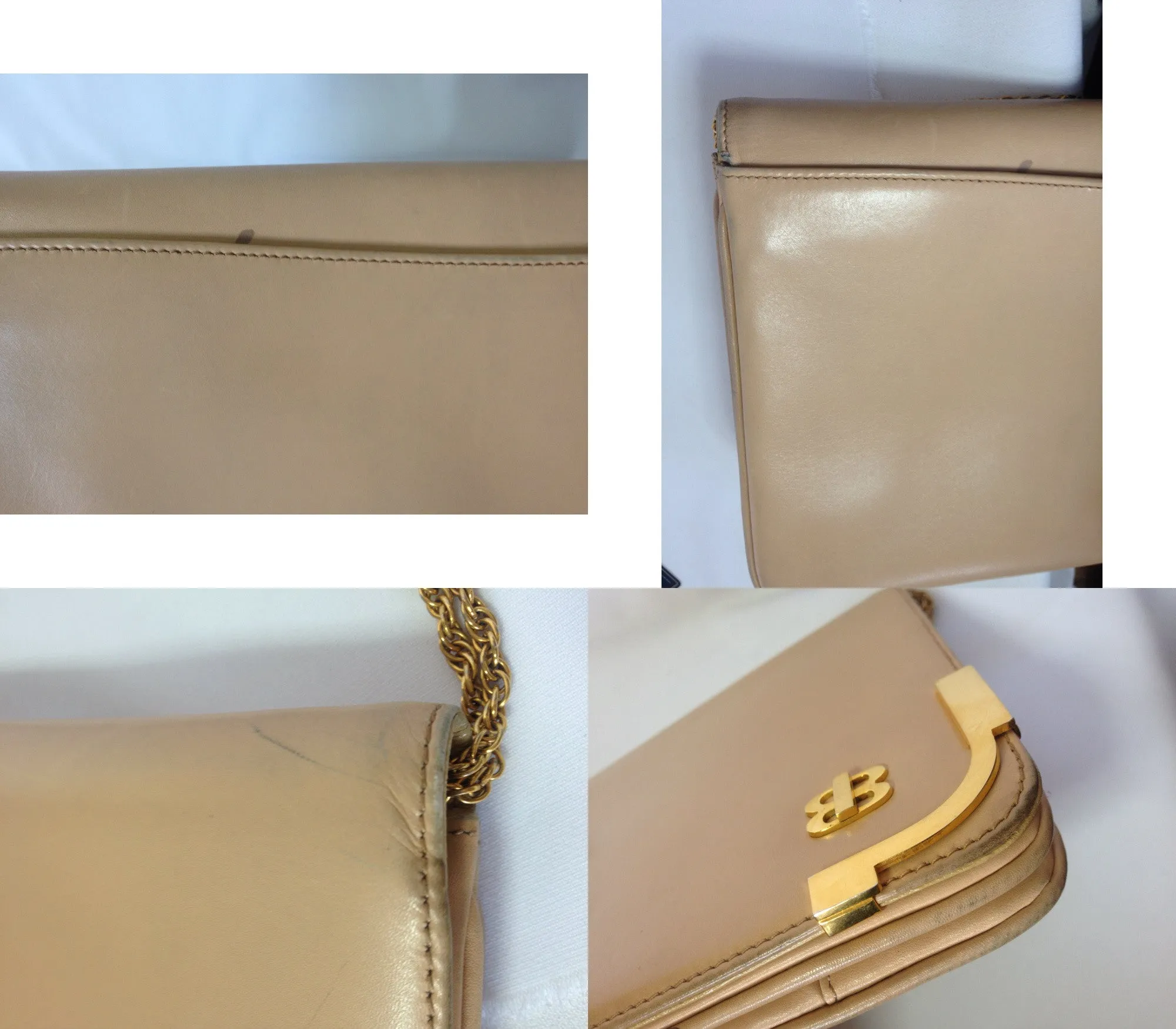 Vintage Bally nude beige leather chain shoulder bag, can be clutch purse with gold tone logo motif and frames.