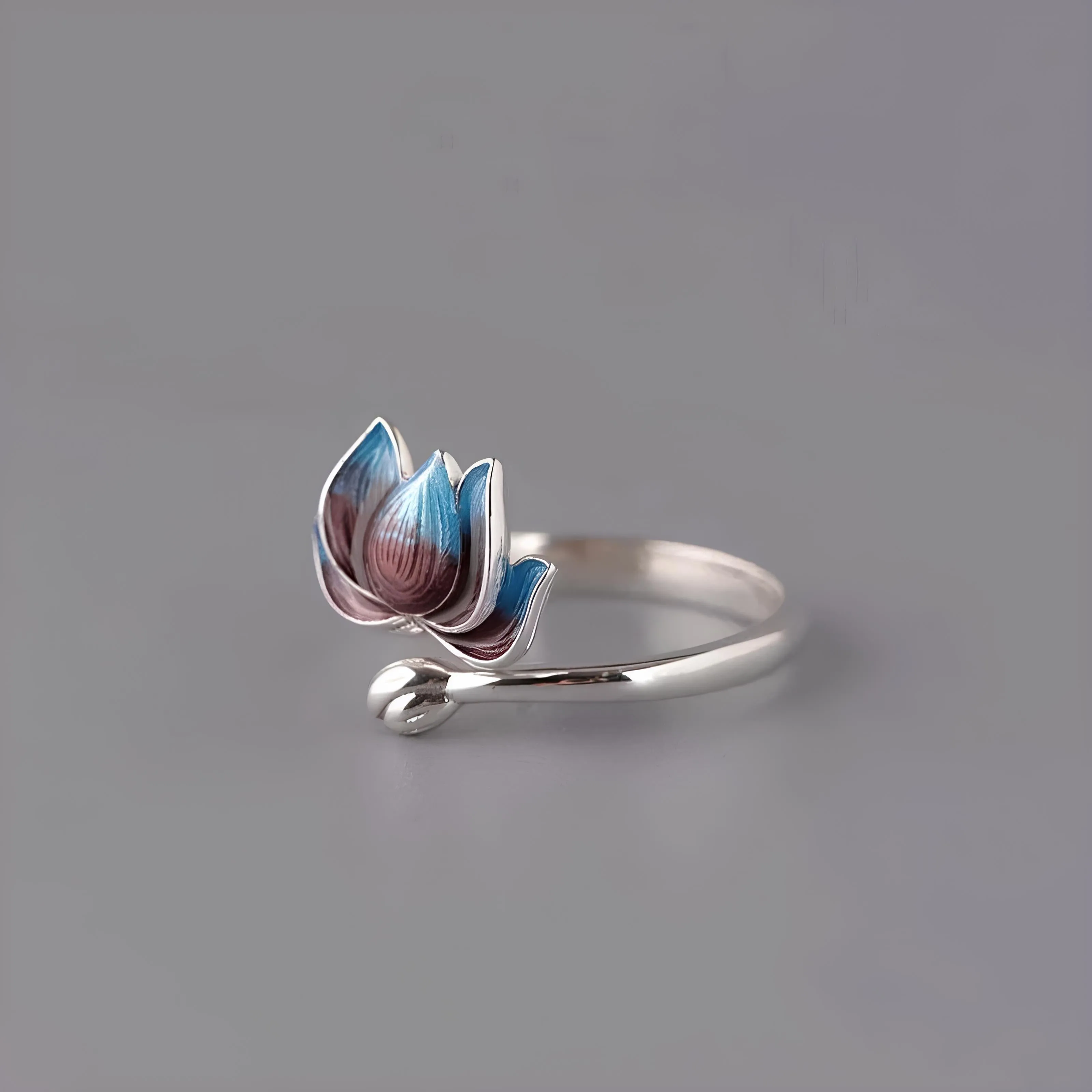 Vintage Blue Blooming Lotus Open Ring