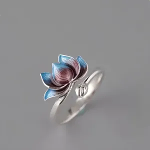 Vintage Blue Blooming Lotus Open Ring