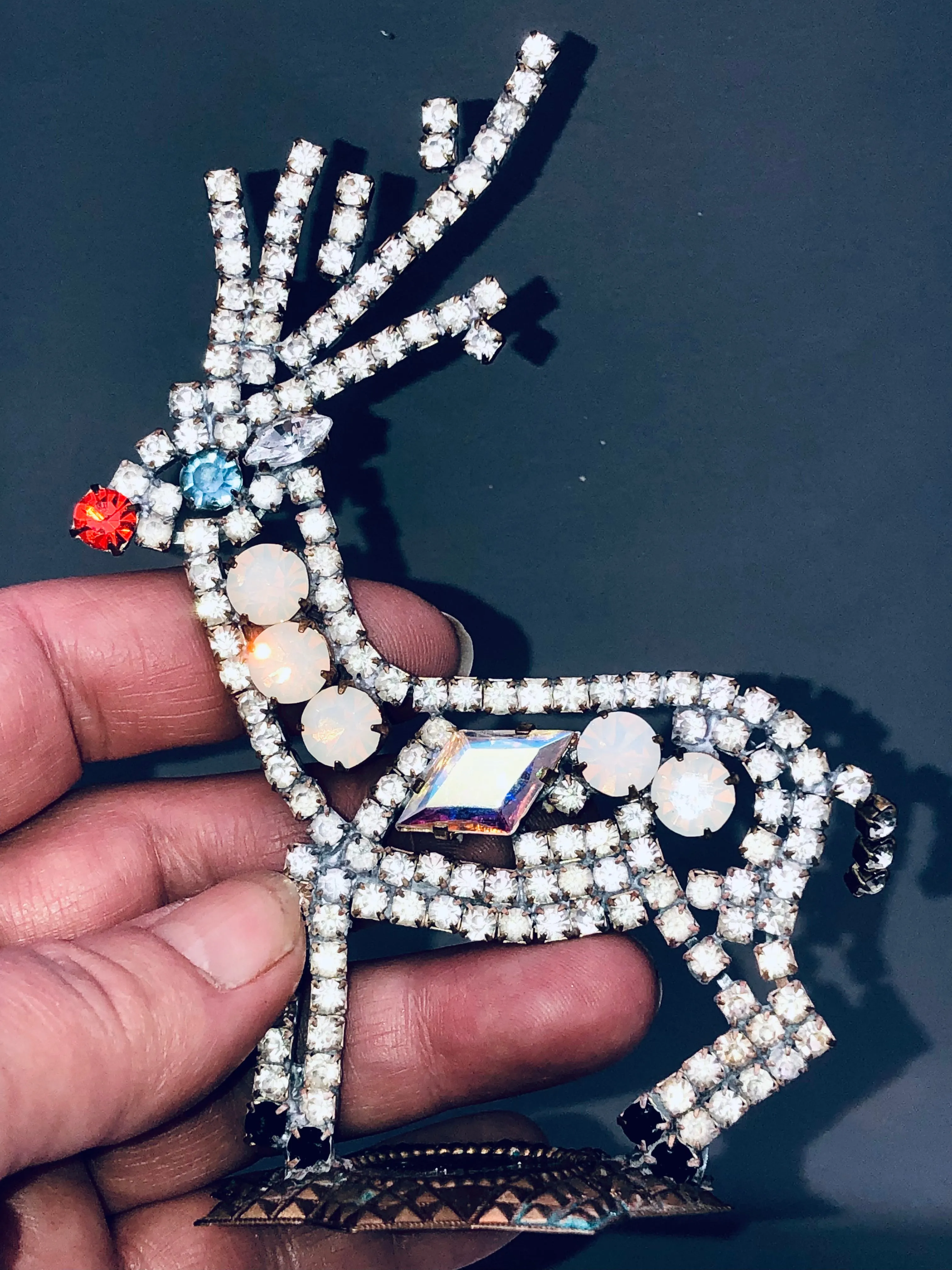 Vintage Czech Rhinestone Rudolph Red Nose Reindeer
