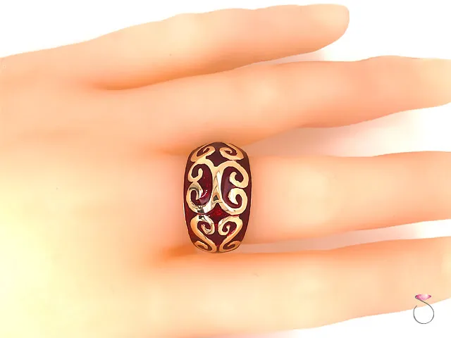 Vintage Designer MAZ Large Red Enameled Dome Ring in 14k Yellow Gold