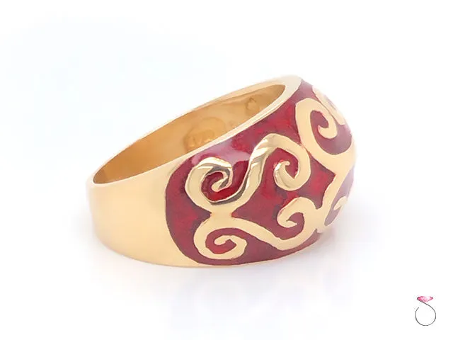 Vintage Designer MAZ Large Red Enameled Dome Ring in 14k Yellow Gold