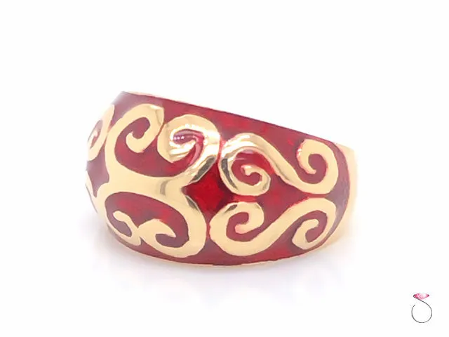 Vintage Designer MAZ Large Red Enameled Dome Ring in 14k Yellow Gold