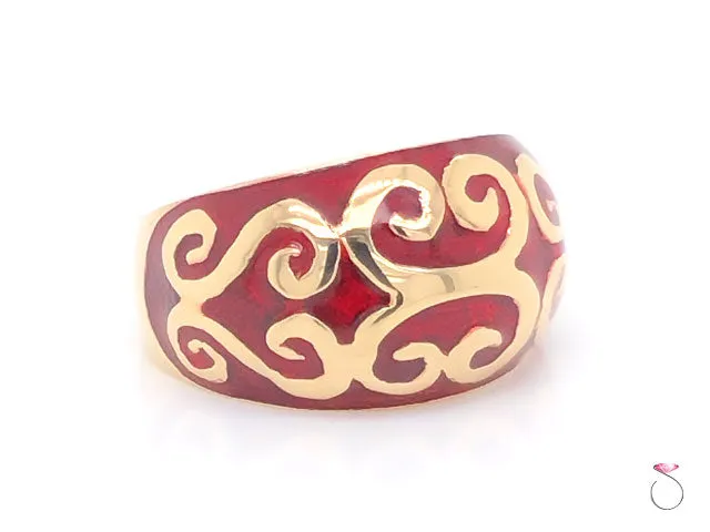 Vintage Designer MAZ Large Red Enameled Dome Ring in 14k Yellow Gold