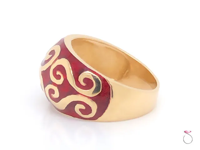 Vintage Designer MAZ Large Red Enameled Dome Ring in 14k Yellow Gold