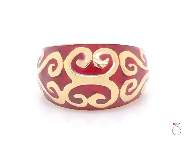Vintage Designer MAZ Large Red Enameled Dome Ring in 14k Yellow Gold